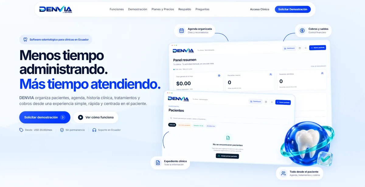 Vista del software de gestión clínica odontológica DENVIA desarrollado por ADYRON